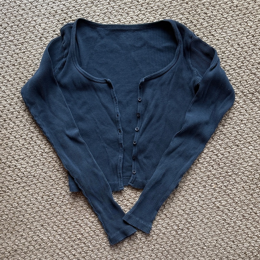Brandy Melville Navy Button-Up Ribbed Top